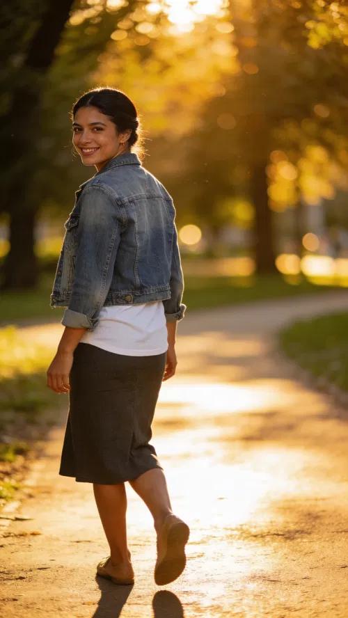 Latina woman full-body park portrait in golden hour light