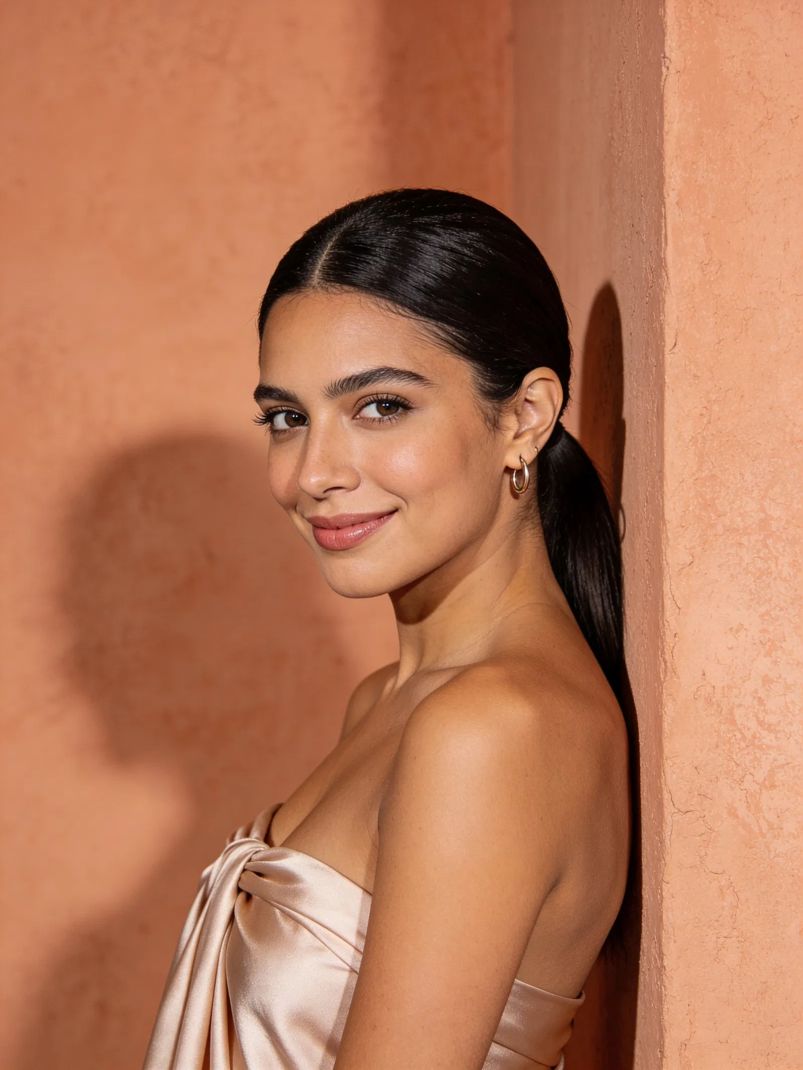 Latina woman head-and-shoulders boudoir portrait against warm textured wall