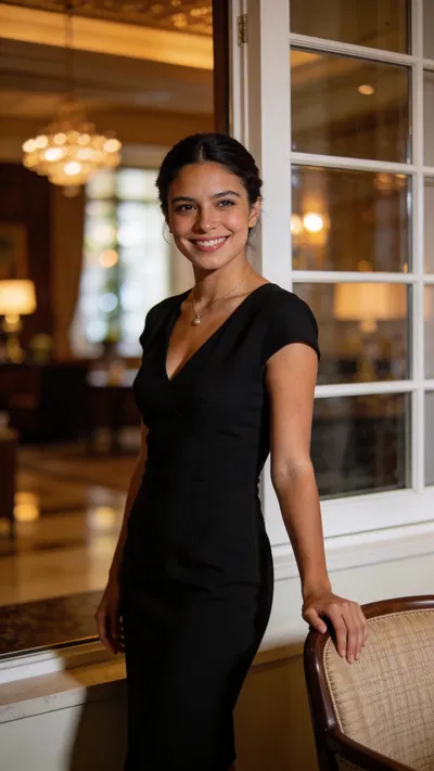 Latina woman hotel lobby portrait with warm cinematic lighting and friendly smile
