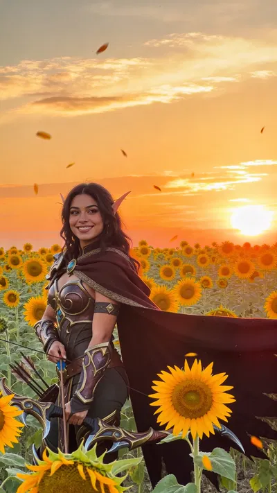 Latina woman hunter cosplay in sunflower field at sunset, 3/4 shot.