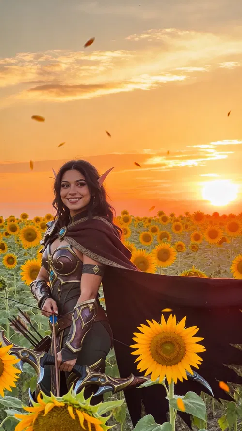 Latina woman hunter cosplay in sunflower field at sunset, 3/4 shot.