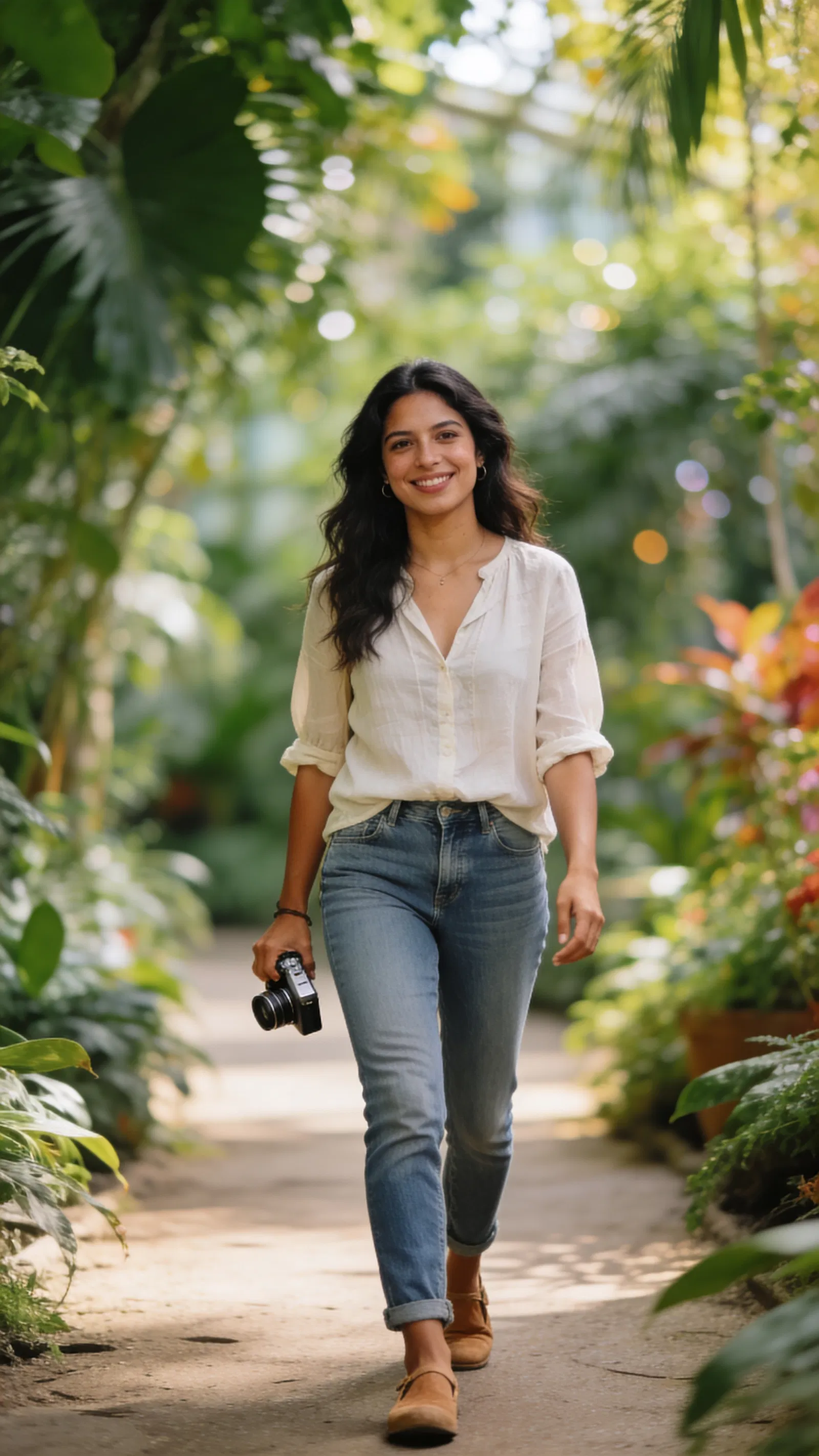 Latina woman in botanical garden with camera, relaxed travel lifestyle portrait.