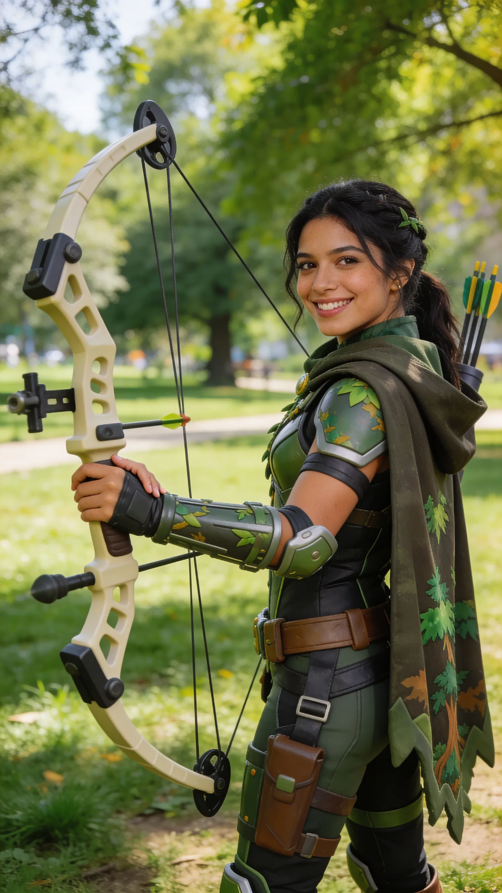 Latina woman in forest archer cosplay, outdoor three-quarter portrait