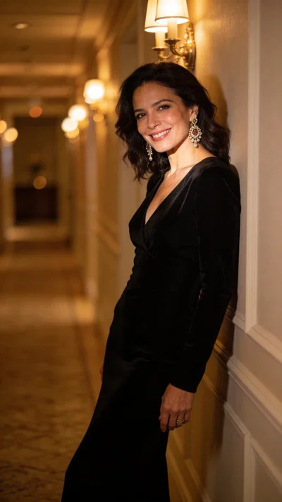 Latina woman in hotel corridor with warm bokeh classic glamour portrait lighting