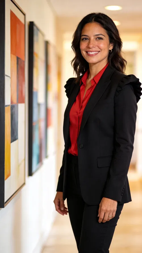 Latina woman in modern hallway for confident professional LinkedIn portrait