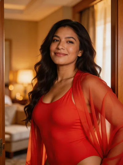 Latina woman in red bodysuit, confident half-body portrait in hotel suite