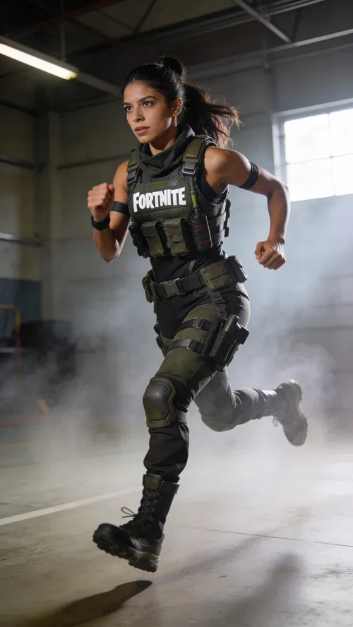 Latina woman in tactical runner cosplay, full-body action portrait
