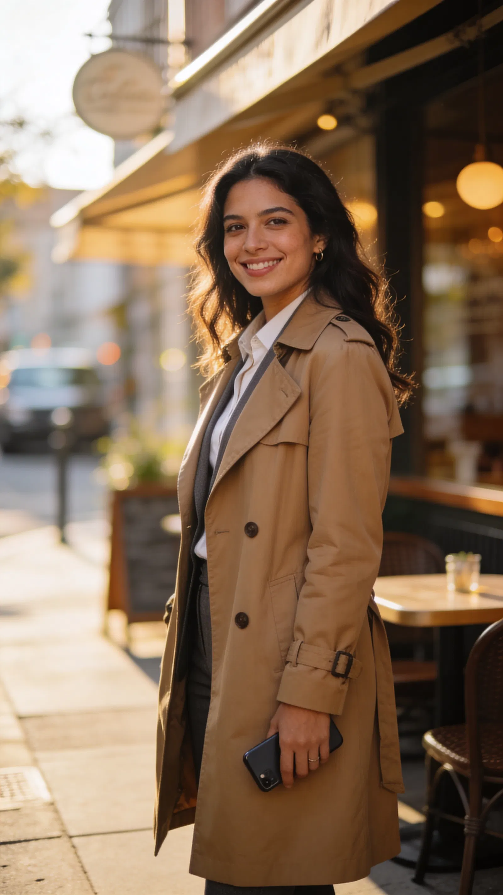 Latina woman on city sidewalk for modern, confident LinkedIn headshot