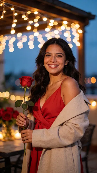 Latina woman on evening patio under lights holding a rose, warm smile.