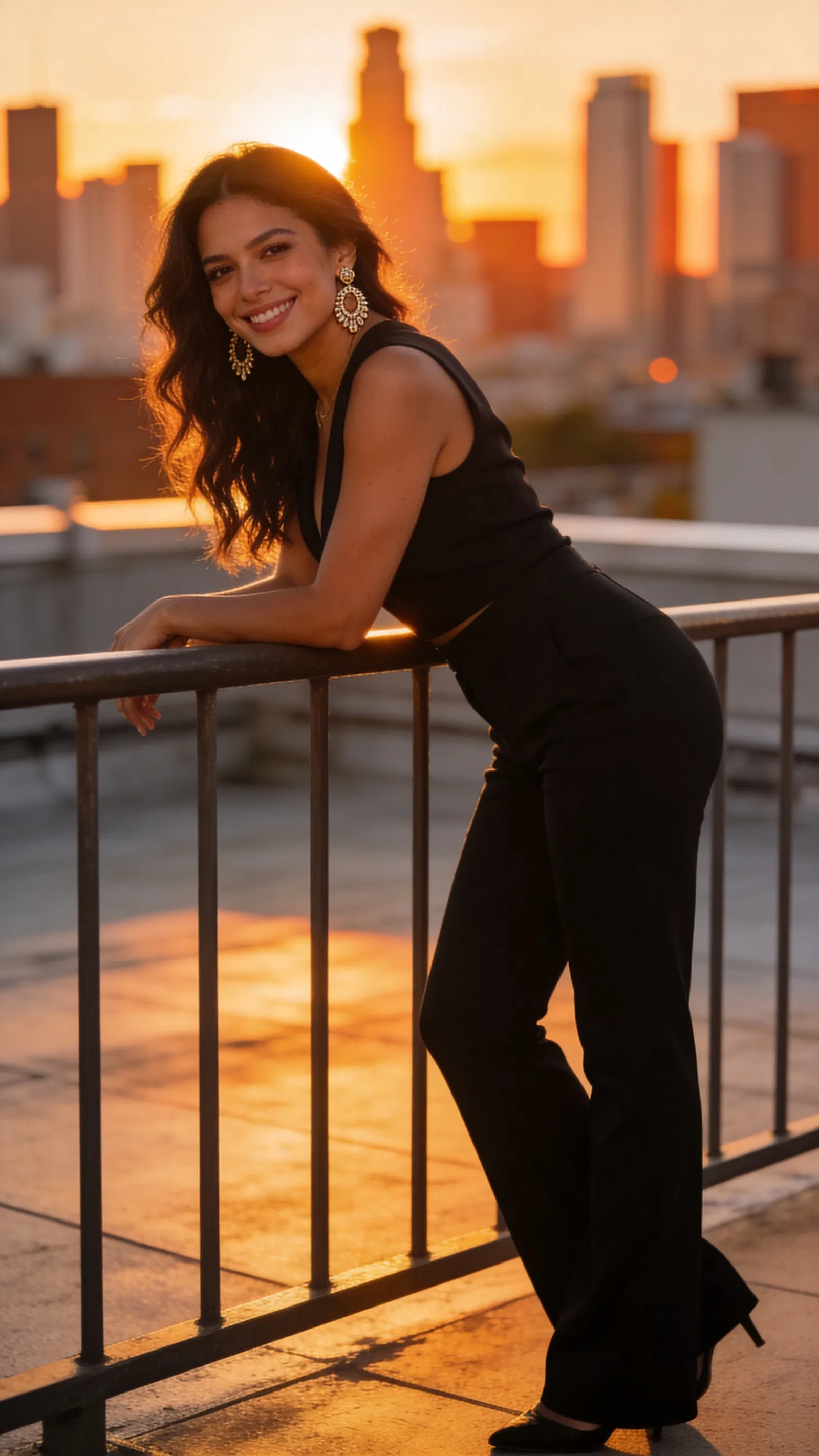 Latina woman rooftop sunset portrait for Instagram photoshoot aesthetic