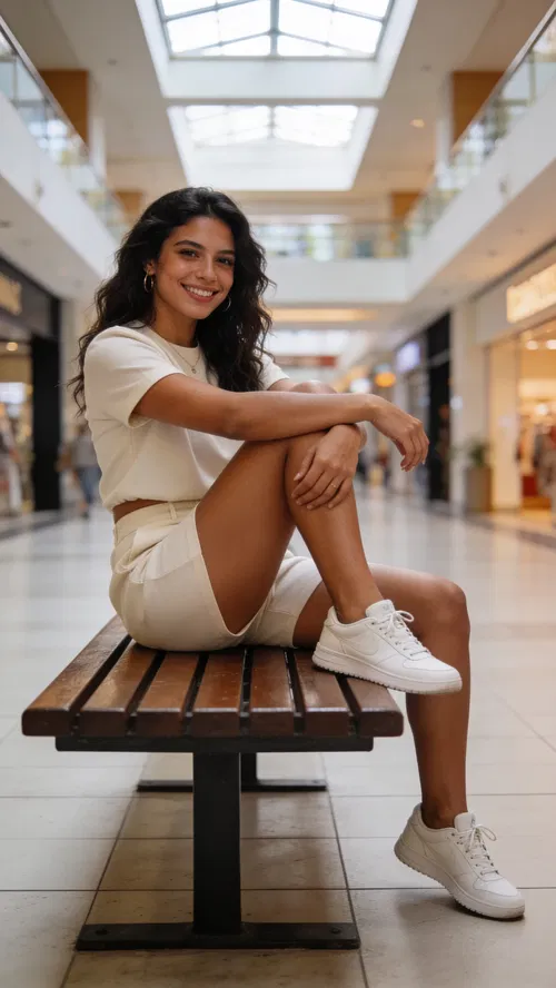 Latina woman sitting on bench for Instagram content photos