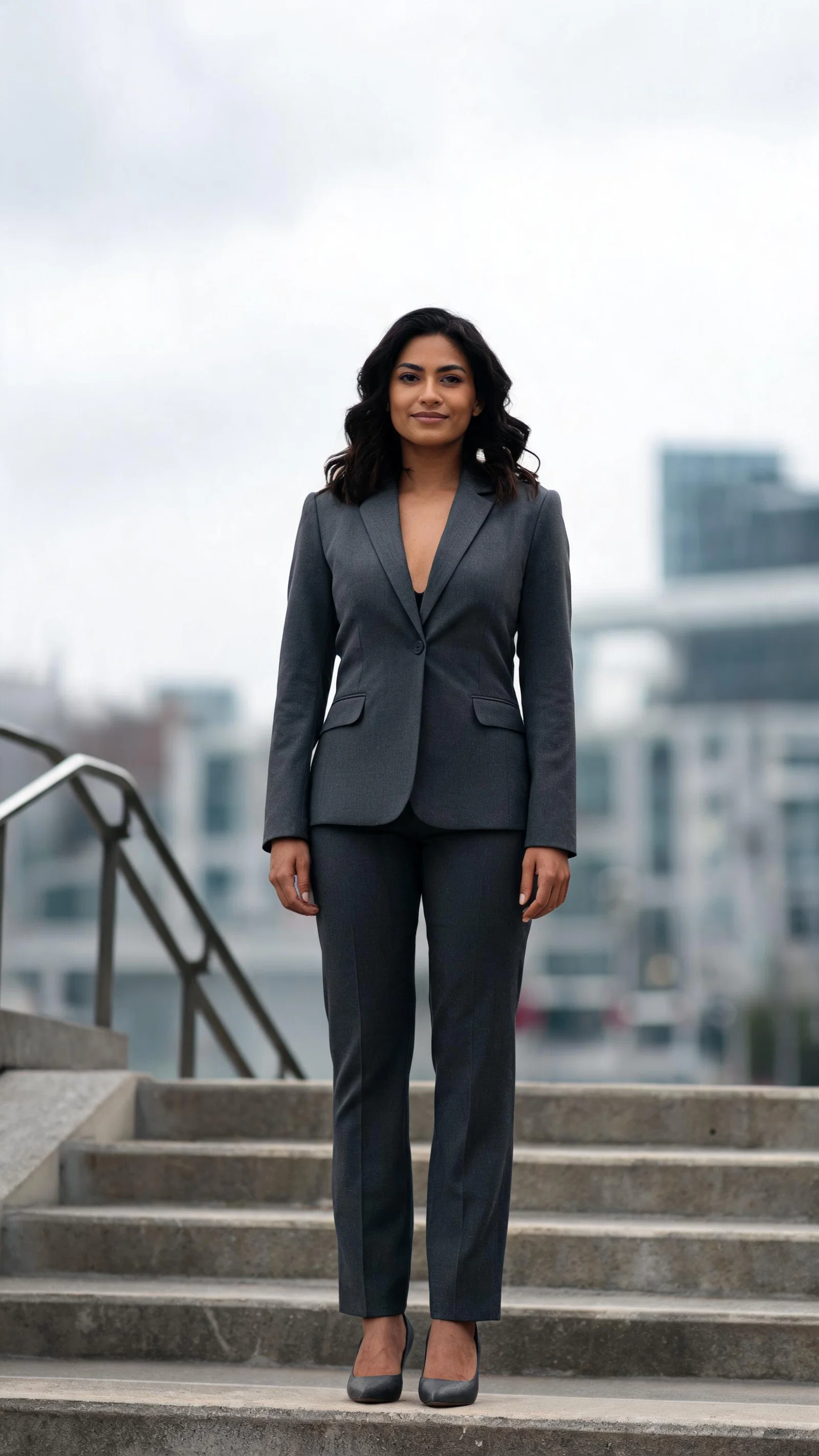 Latina woman standing on stairs in fitted suit, professional glow-up looksmaxxing photo