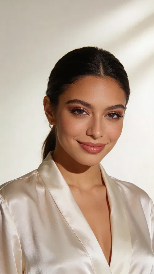 Latina woman studio headshot with satin blouse and elegant glamour lighting