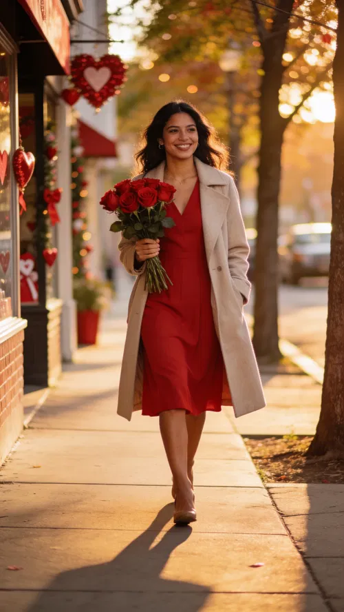 Latina woman walking at sunset holding red roses, smiling.