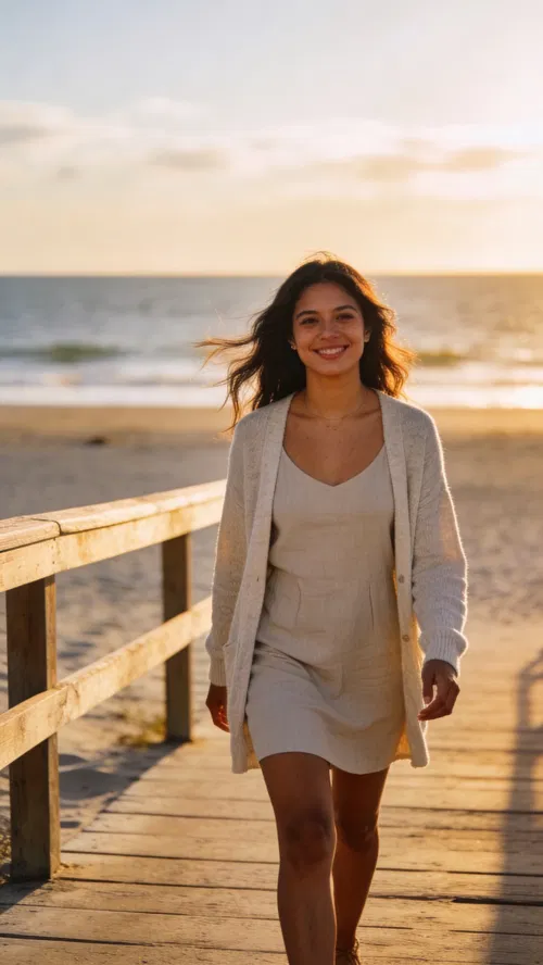 Latina woman walking on beach boardwalk at sunset, relaxed dating profile photo.