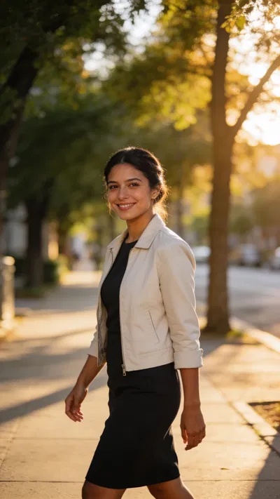 Latina woman walking outdoors at golden hour, profile-ready portrait