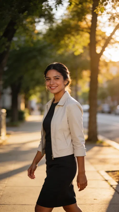Latina woman walking outdoors at golden hour, profile-ready portrait