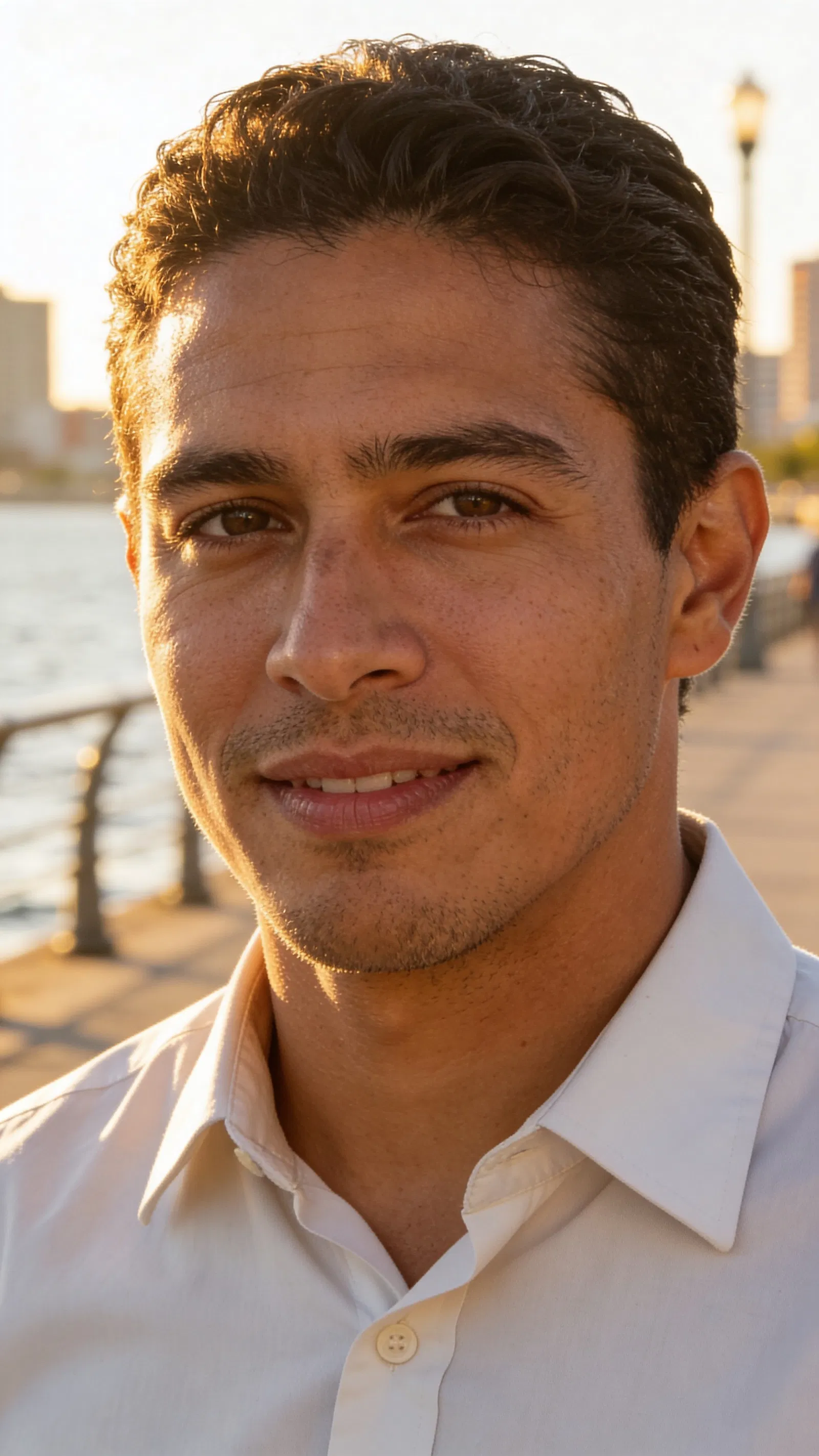 Latino man by waterfront at golden hour, relaxed profile portrait