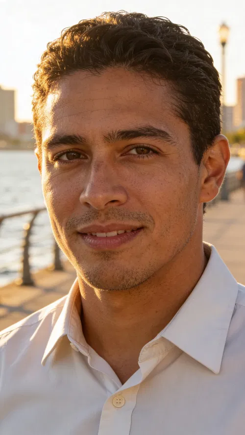 Latino man by waterfront at golden hour, relaxed profile portrait