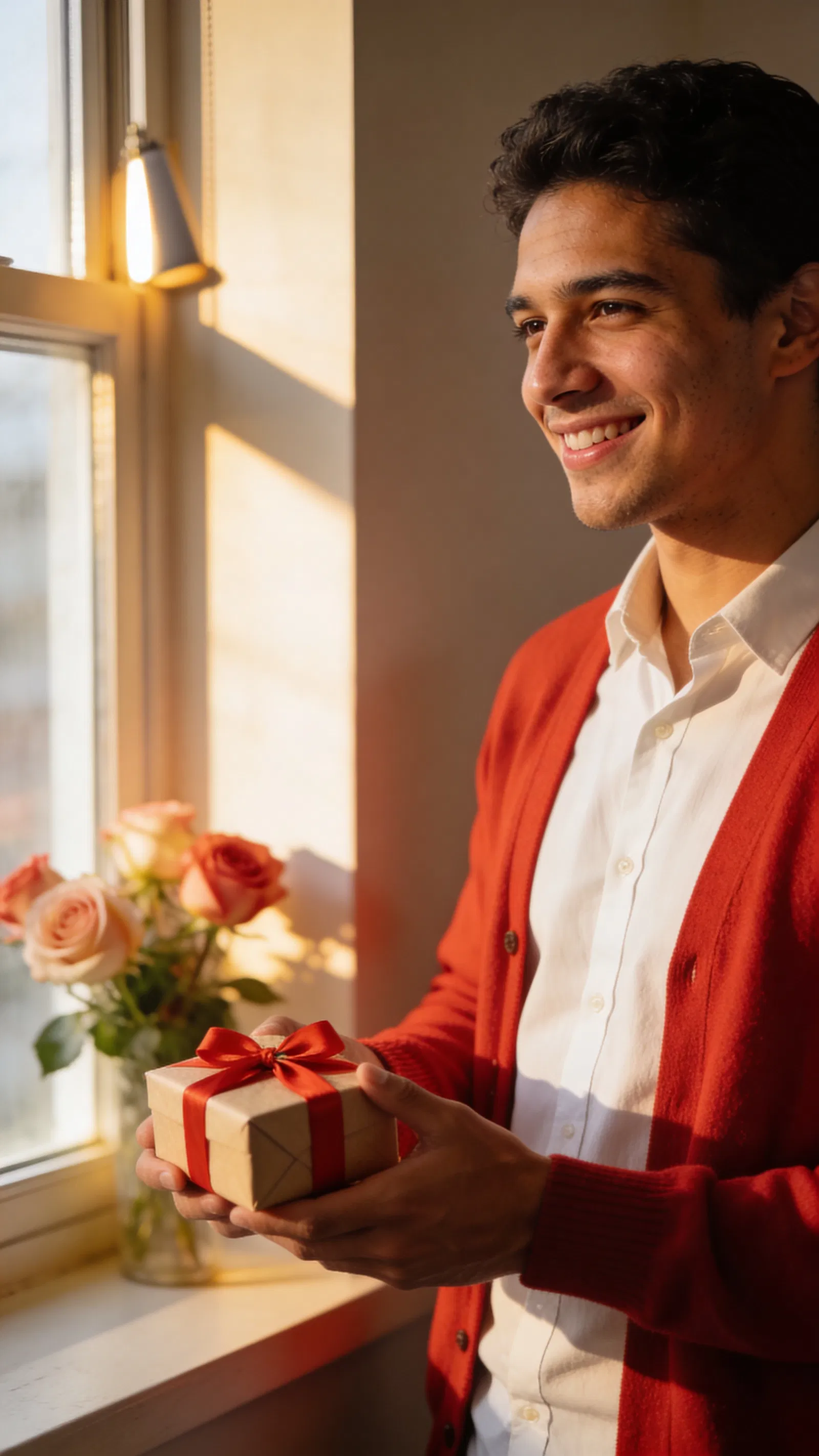 Latino man by window holding gift box with red ribbon and roses.