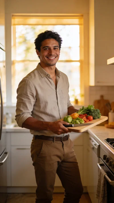 Latino man cooking in modern kitchen, warm full-body dating profile photo.