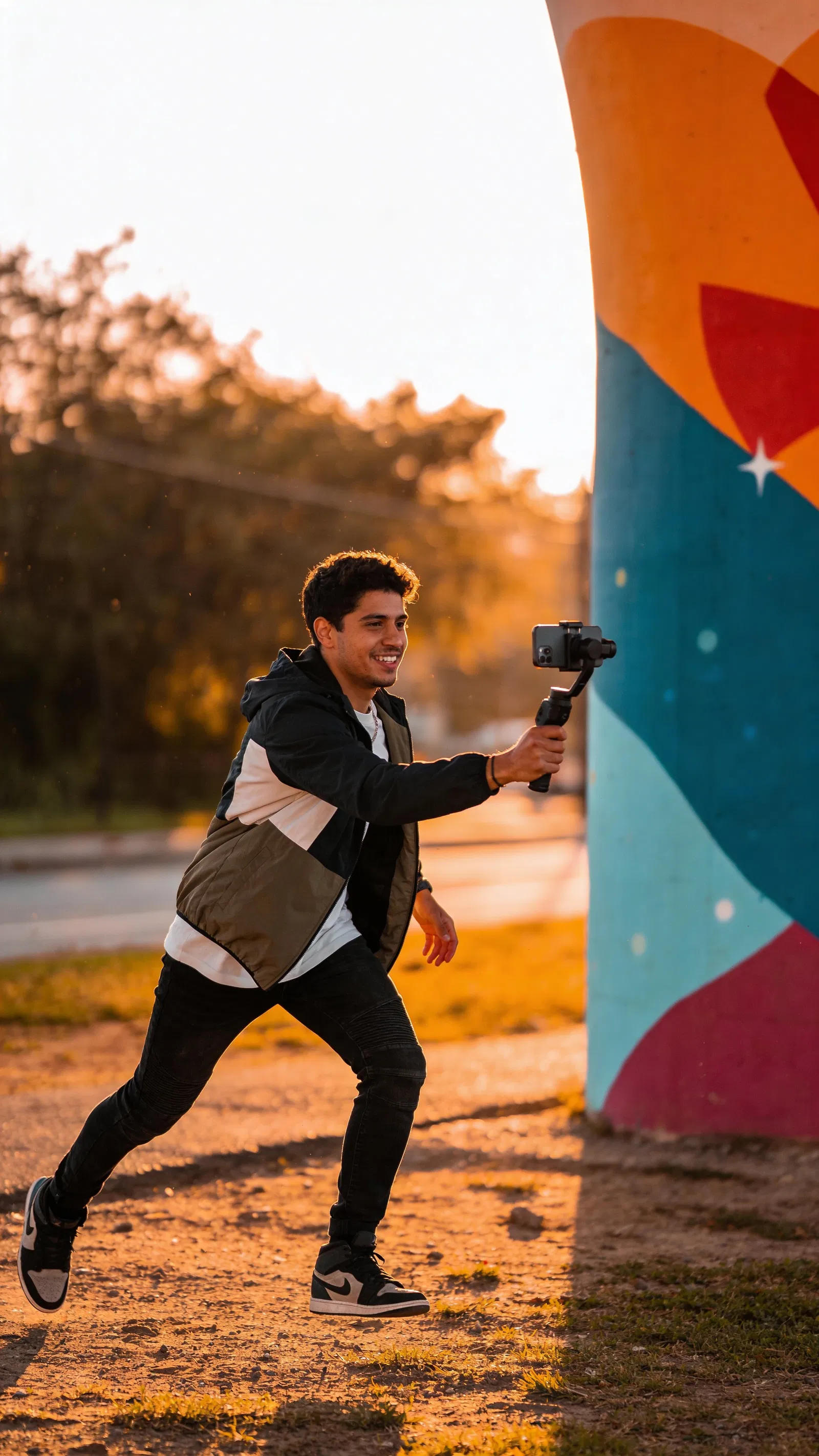 Latino man filming a Reel transition with a gimbal near a mural