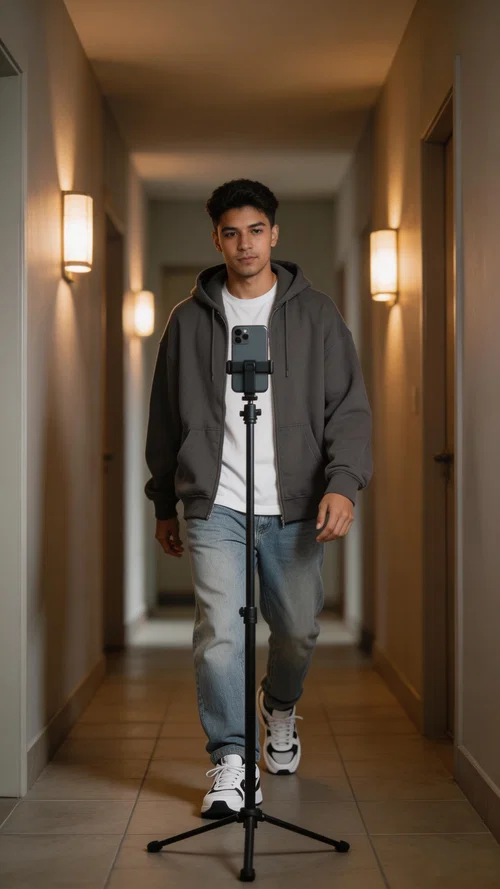 Latino man filming before-and-after outfit transition in hallway with tripod