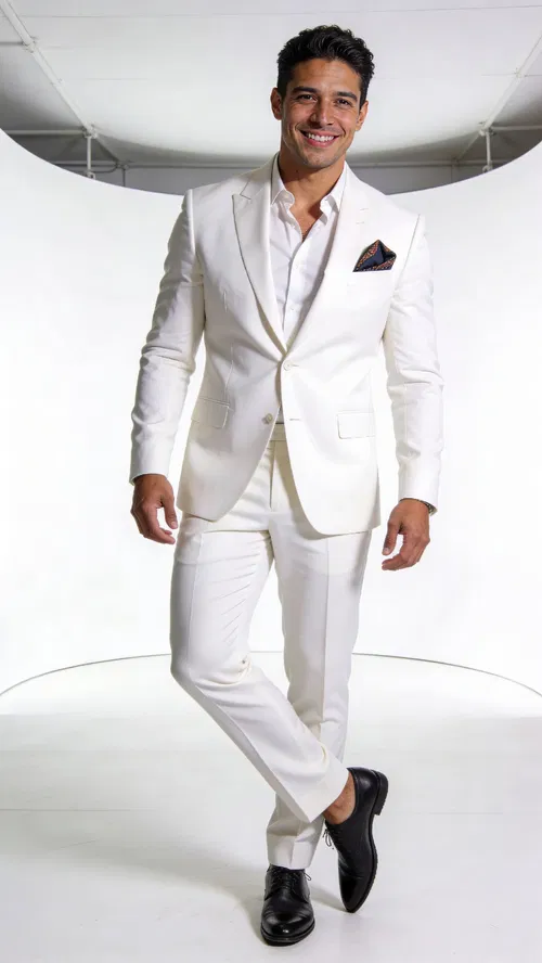 Latino man full-body in white studio with clean profile-ready glamour lighting