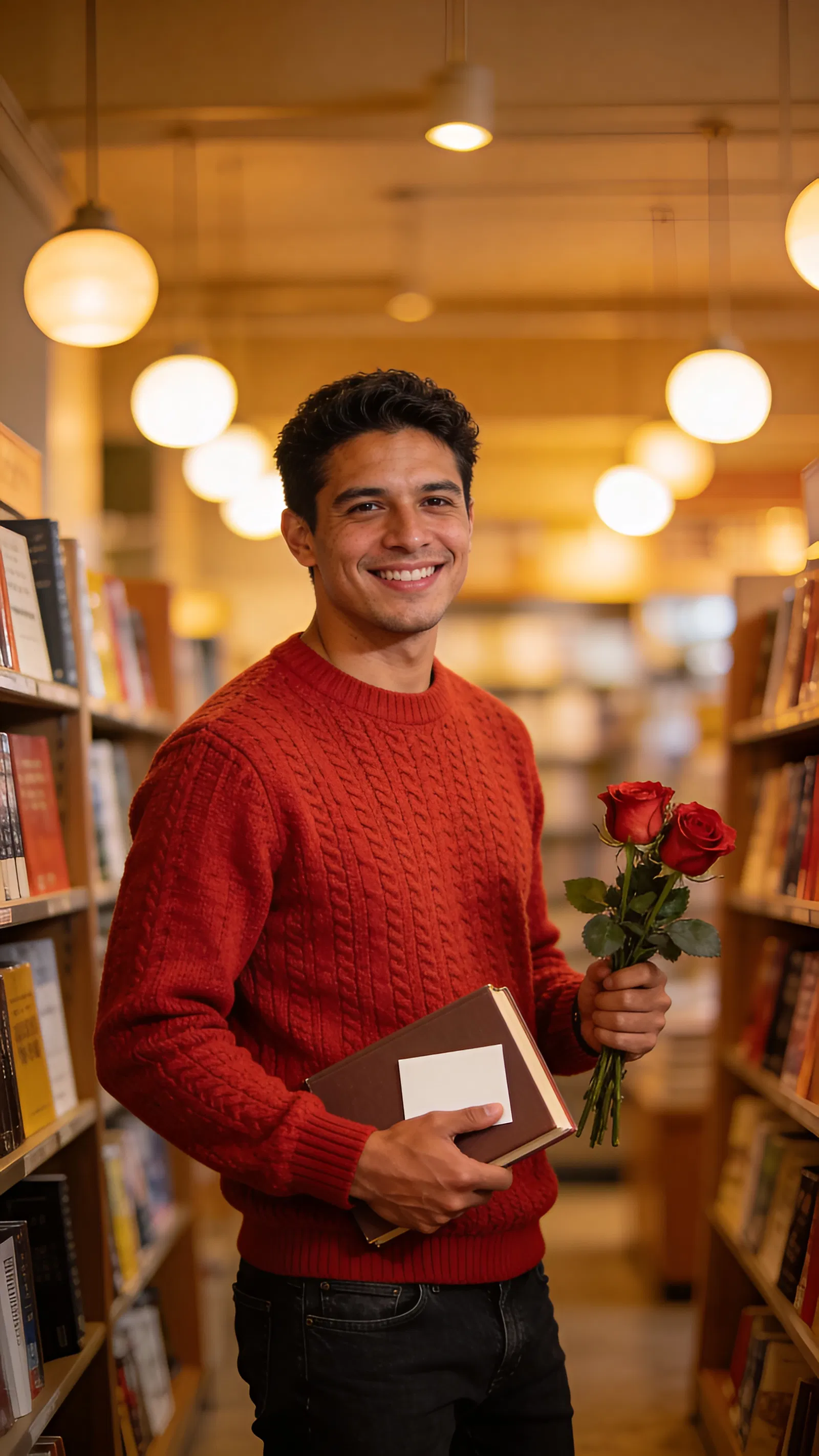 Latino man in bookstore holding roses and a blank card, warm lighting.