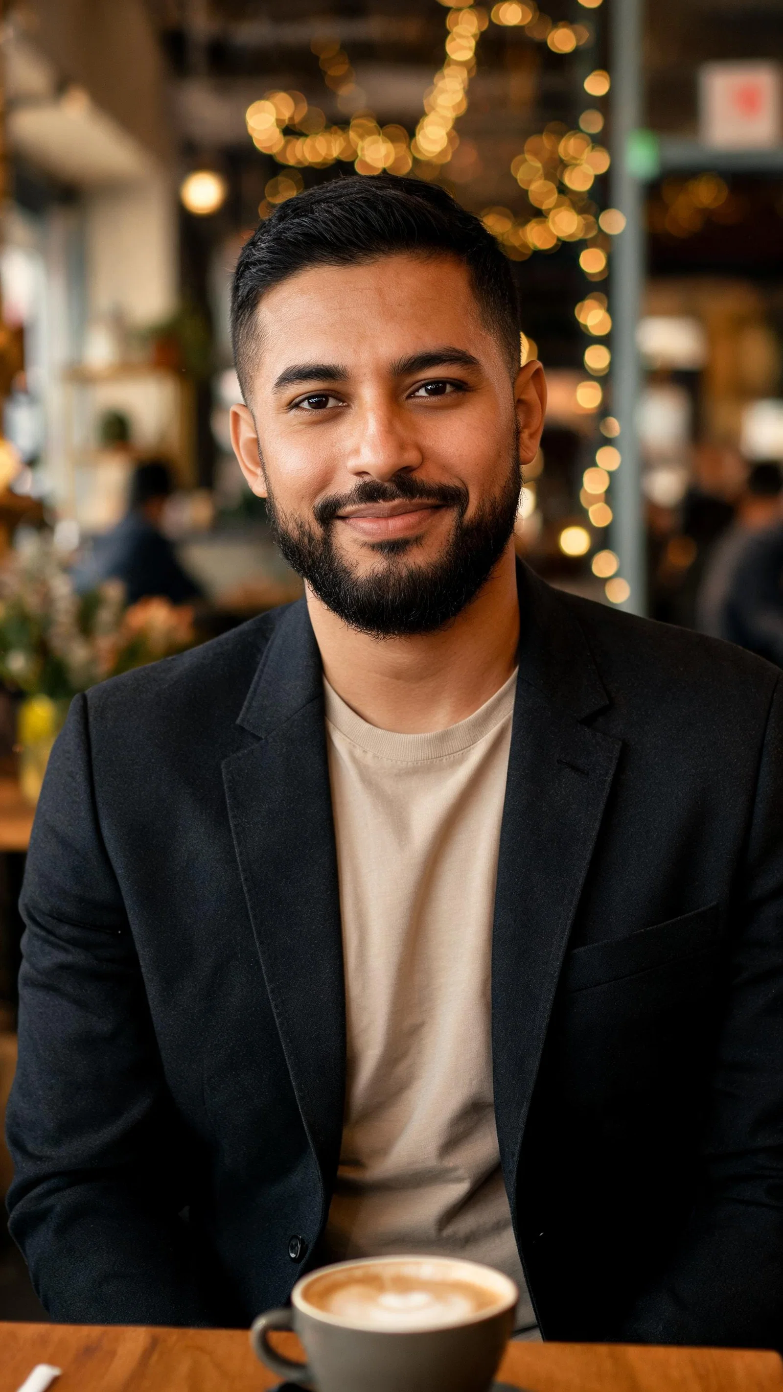 Latino man in café in blazer, relaxed confident posture for looksmaxxing lifestyle photo