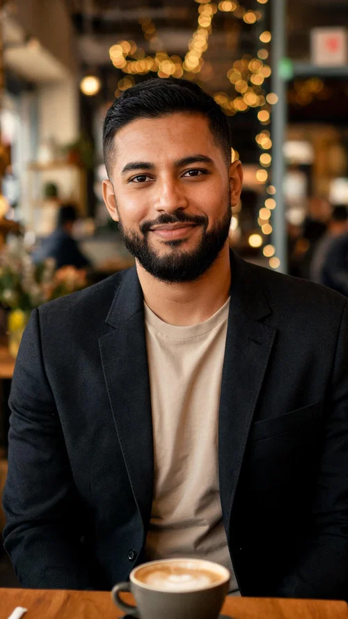 Latino man in café in blazer, relaxed confident posture for looksmaxxing lifestyle photo