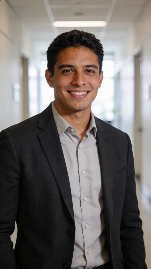 Latino man in office corridor, confident professional profile portrait