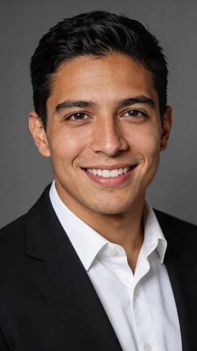 Latino man in studio with charcoal backdrop for crisp corporate headshot