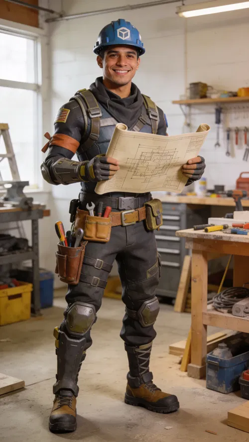 Latino man in urban builder cosplay, full-body workshop portrait