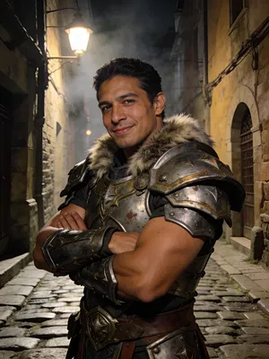 Latino man in WoW-inspired warrior armor, cinematic alley portrait.