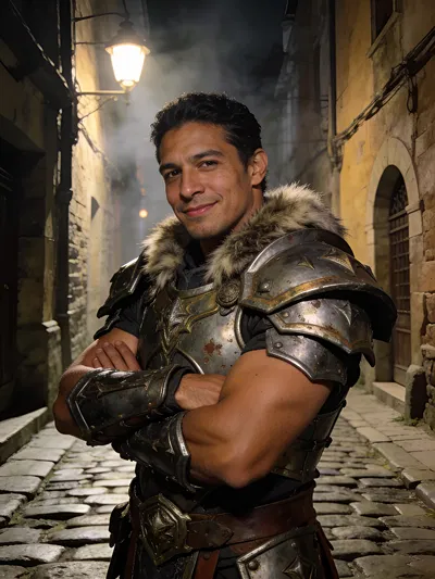 Latino man in WoW-inspired warrior armor, cinematic alley portrait.