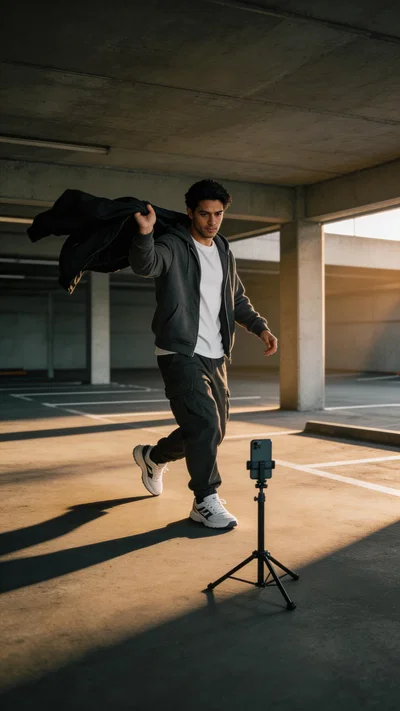 Latino man practicing trending transition in parking garage with phone tripod