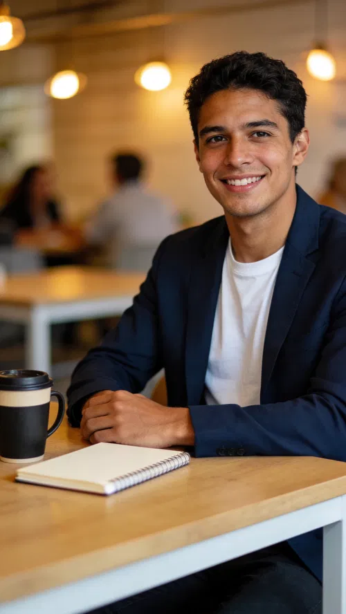 Latino man seated in coworking space for friendly professional headshot