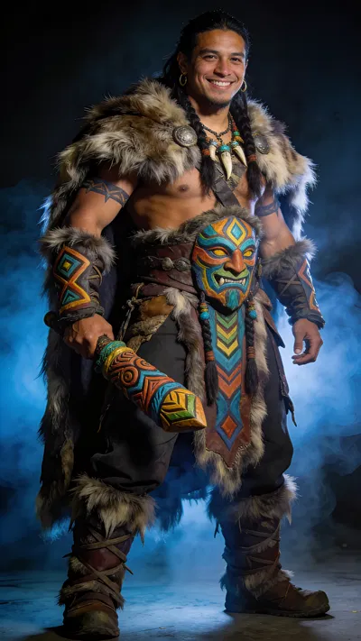Latino man shaman cosplay full-body in studio with blue haze.