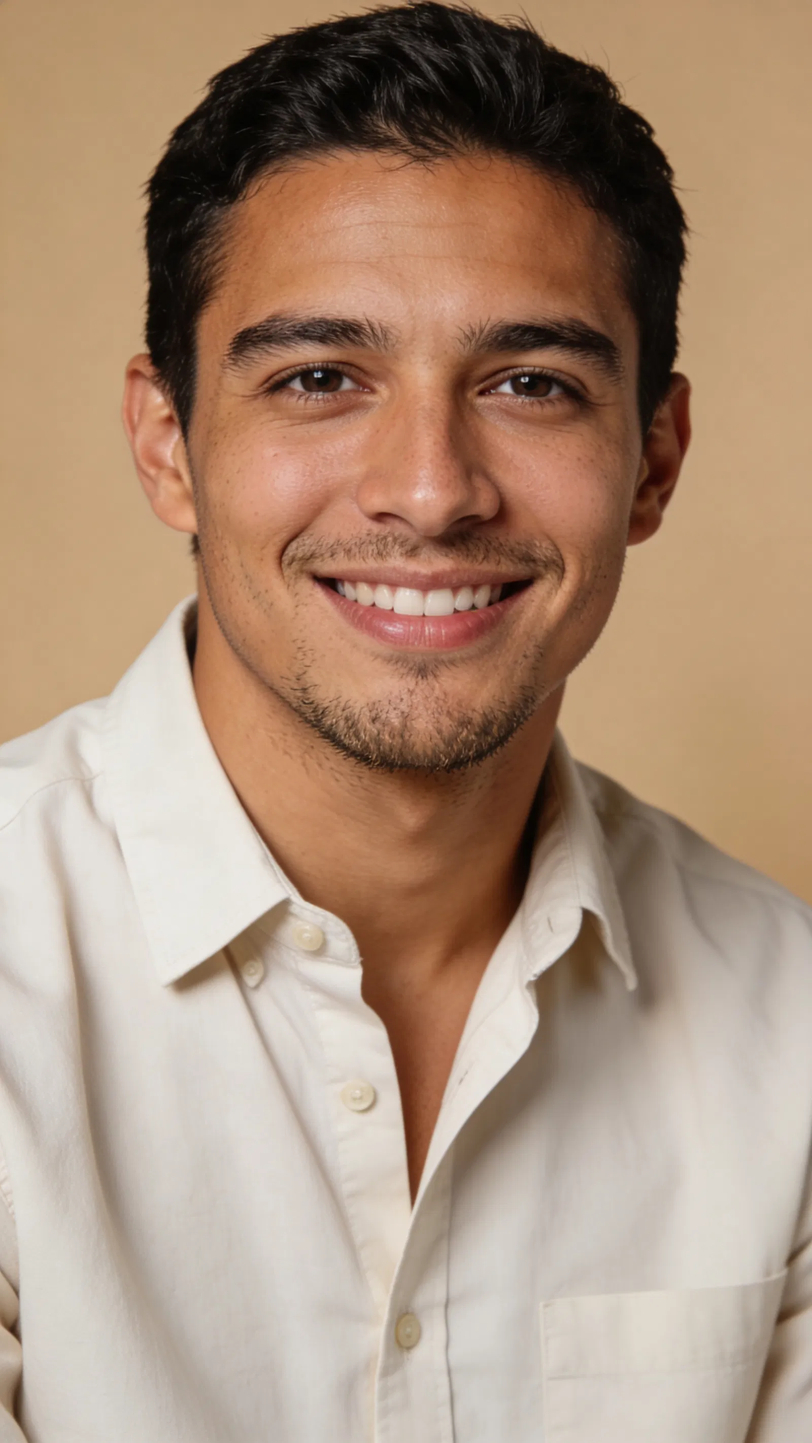 Latino man studio headshot with warm backdrop, natural smile for dating app.