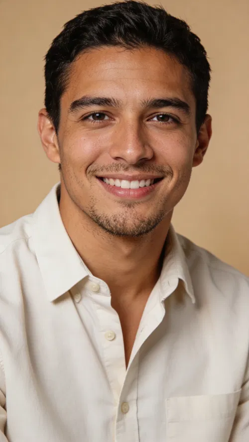 Latino man studio headshot with warm backdrop, natural smile for dating app.
