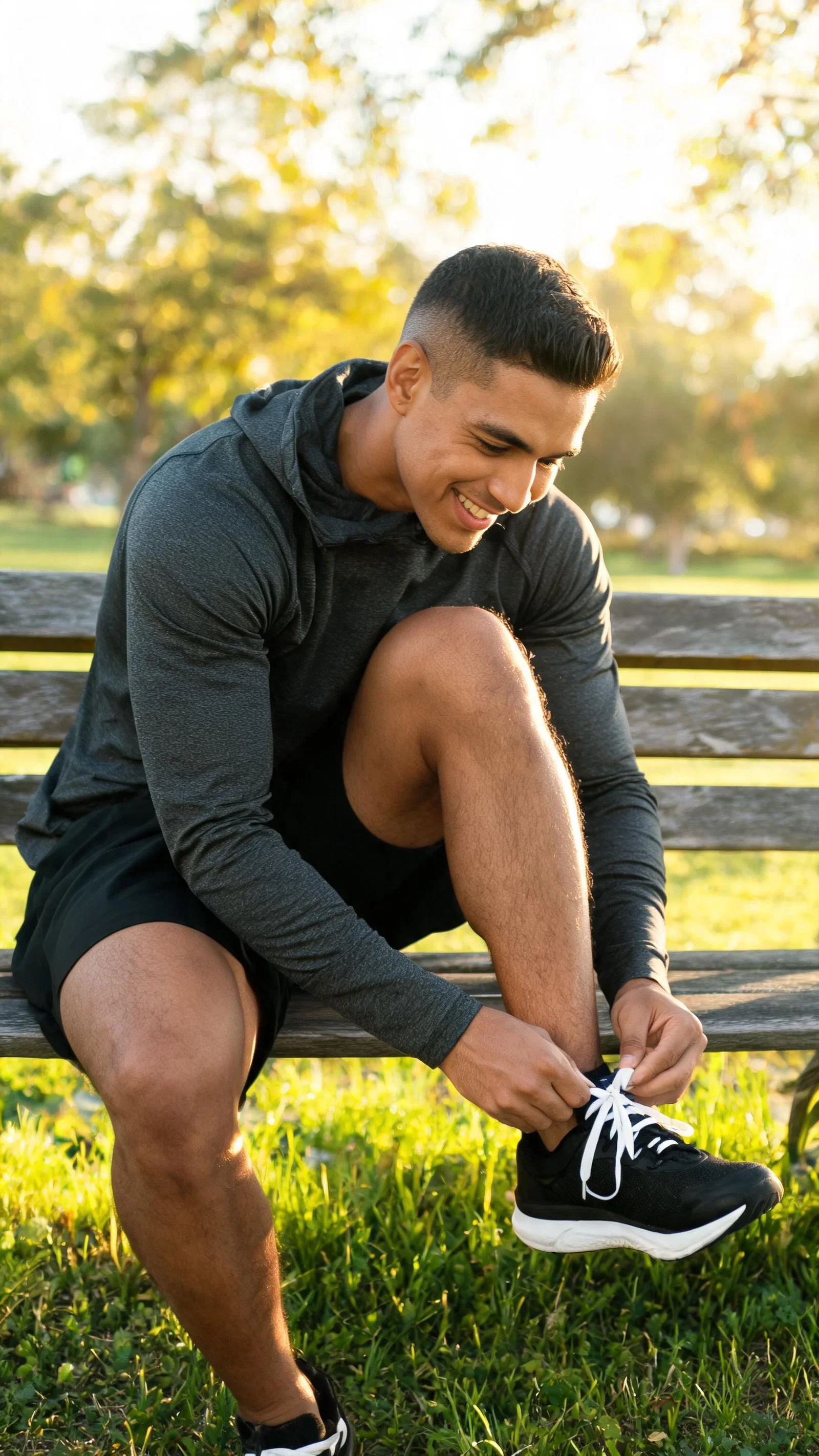 Latino man tying running shoes at park, fitness-driven looksmaxxing lifestyle portrait