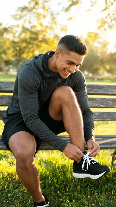 Latino man tying running shoes at park, fitness-driven looksmaxxing lifestyle portrait