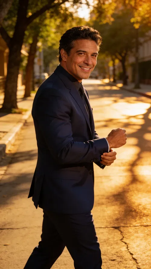 Latino man walking at golden hour in navy suit with classic warm glamour style