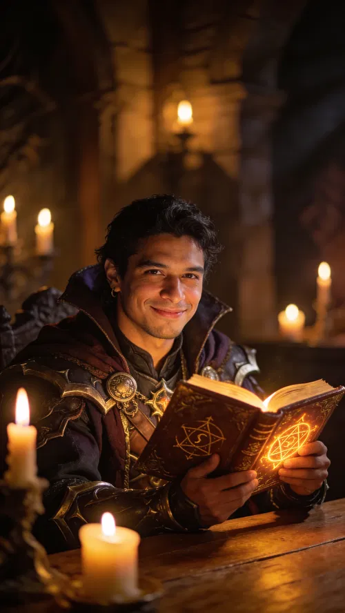 Latino man warlock cosplay seated with spellbook, candlelit portrait.