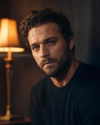 Low-key Rembrandt portrait lit by a tungsten lamp with deep shadows and soft falloff.