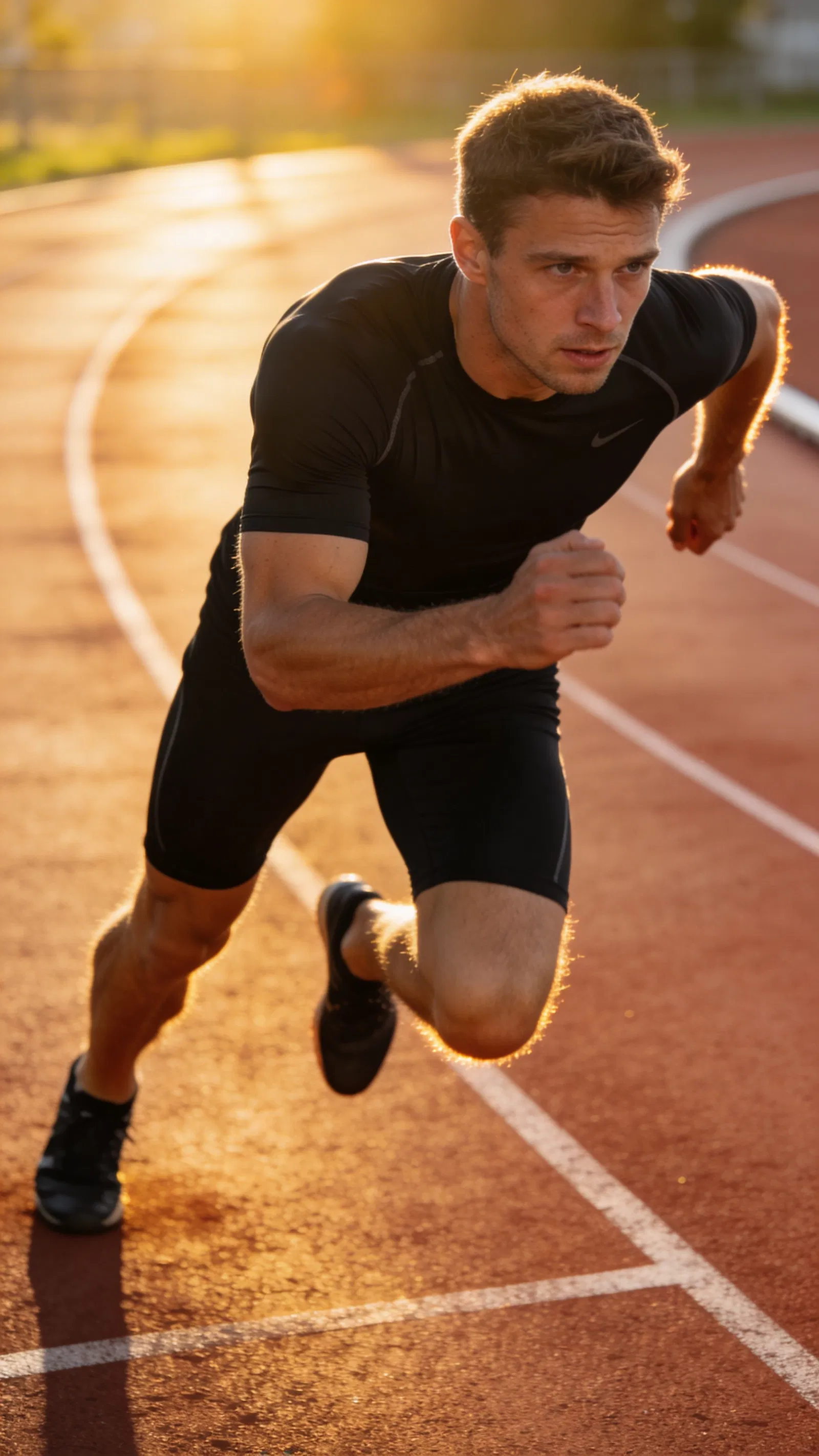 Man in sprint-start pose at sunrise for fitness photoshoot