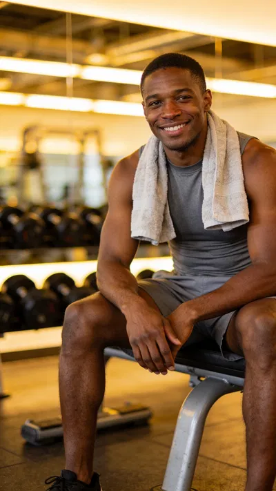 Man resting on bench for professional gym photoshoot portrait