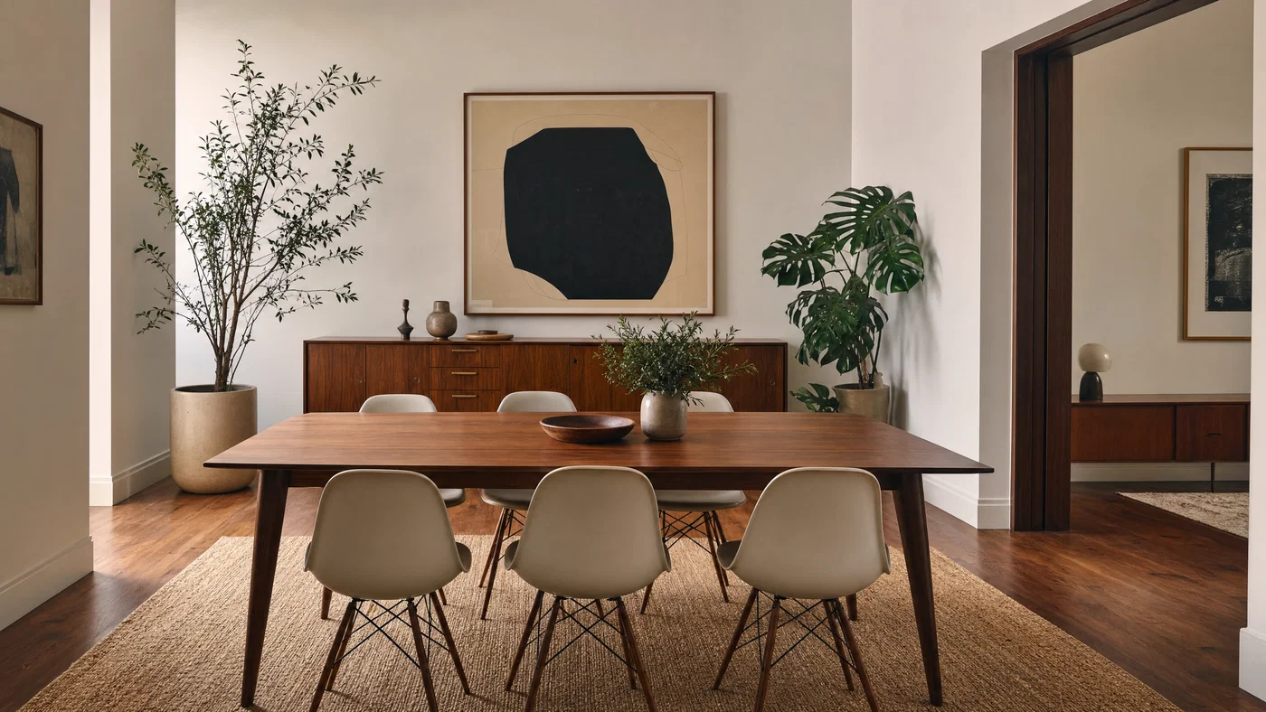 Mid-century dining room shot wide with walnut table, soft daylight, and balanced HDR.
