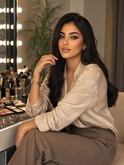 Middle Eastern beauty influencer at vanity with warm glam makeup